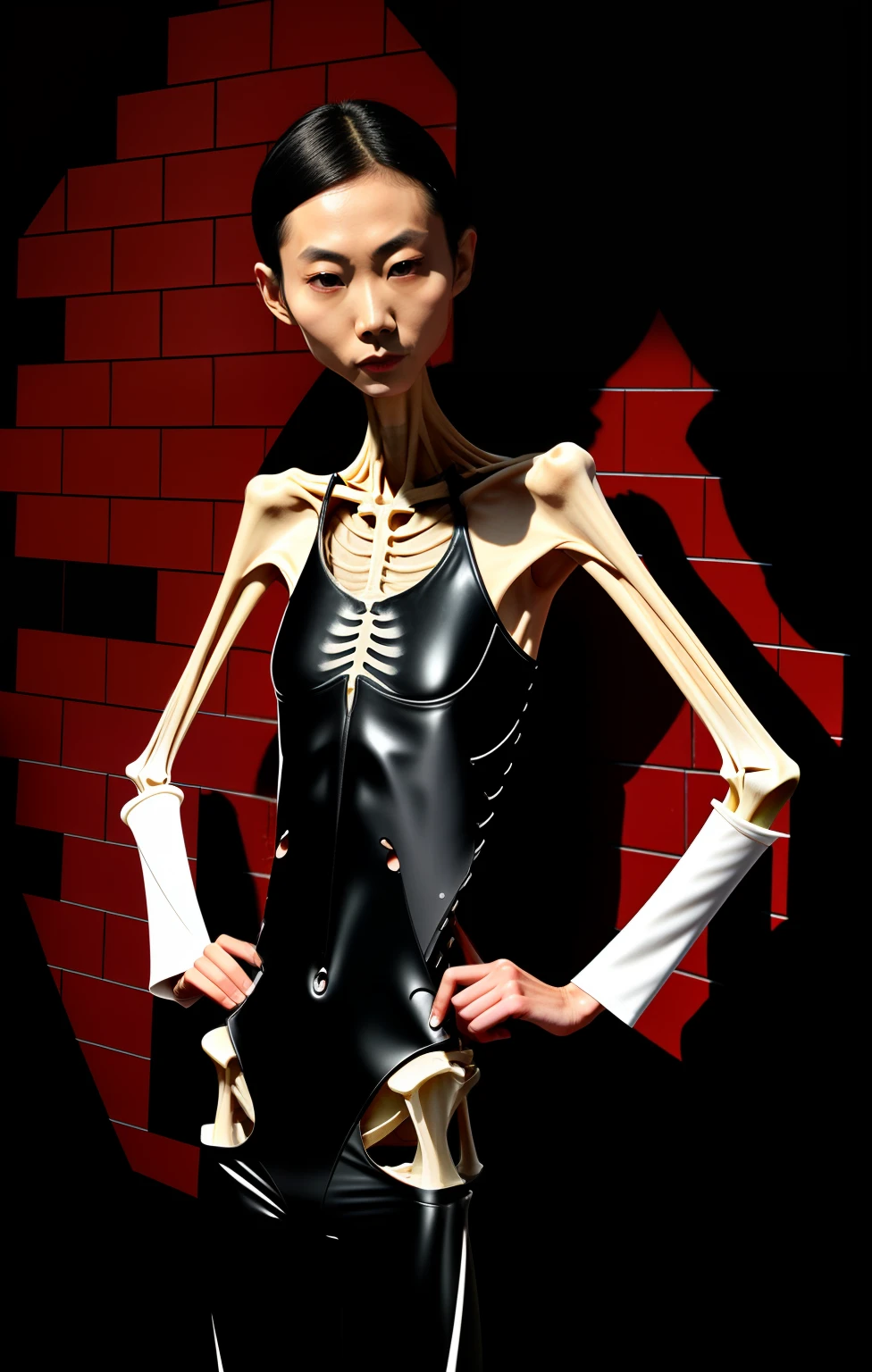 Extremely thin woman, A thin body，Protruding sternum，The waist is slender，The ribs are noticeable，Protruding ribs，The pelvis is very pronouncedly protruding，The pelvis is markedly elevated，White skin of the，Thin shoulders，Very slim waist，Extremely skinny，Sunken abdomen，Skin and bones，short detailed hair，Haggard face，Wear a fur coat，Asian face，The body is as thin as a skeleton，There is no fat in the abdomen