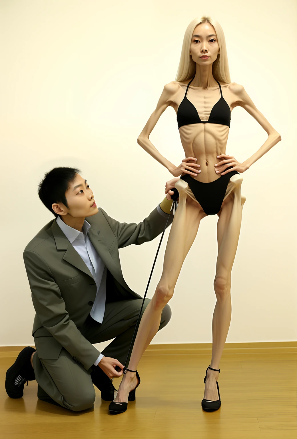 Extremely thin woman, A thin body,Protruding sternum,The waist is slender,The ribs are noticeable,Protruding ribs,The pelvis is very pronouncedly protruding,The pelvis is markedly elevated,White skin of the,Thin shoulders,Very slim waist,Extremely skinny,Sunken abdomen,Asian face,The body is as thin as a skeleton,There is no fat in the abdomen