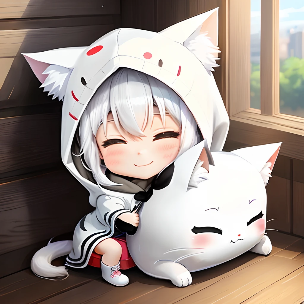 Chibi Character　Anime Paintings　White hair　Nekomimi　A smile　Wearing a hood　Lie down　Basking