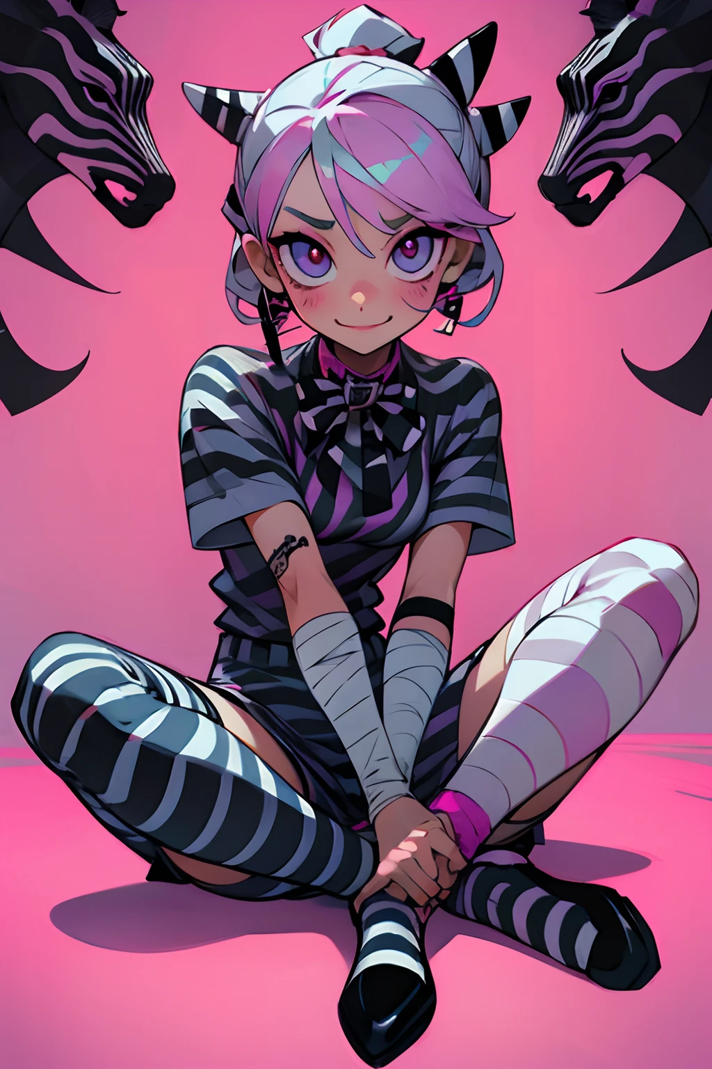 kpop anime girl, perfect face, tattoos on neck. bandages on hands, girl with pink mixed black zebra stripe style girl, cute pose, whole body style, sit pose, cute smile, in formal outfit, in tshirt, zebra stripe long socks, arms down