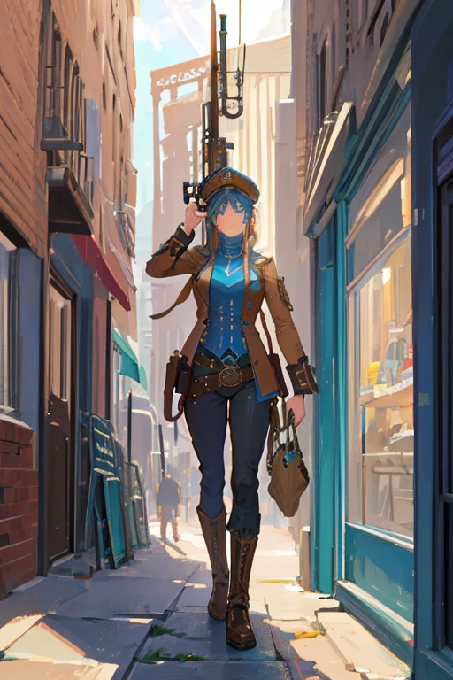 Arte em cores estilo Alex Horley, Female Steampunk Athletic Soldier, corpo inteiro, farda Azul, Steampunk city scenery, arma Sniper, imagens ultra HD