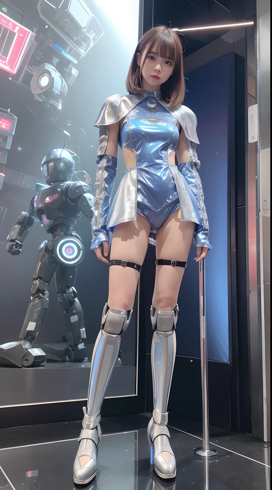 Robot Girl, pink there, Silver, Metallic body, Robot Parts, Metal Parts, Super Detailed Face, Super well-formed face, of the highest quality, a small face, small head, Brown hair, Slender body, Camera gaze, Internal Mechanical Exposure, Idol, front facing, Well-proportioned body, sale, Exhibited, Event Hall, Moe Pose, Blue Metallic Lace Queen Dress Machine Armor, Standing with legs open, Model body type, sad, Embarrassing,(Perfect Robot Girl),(Perfect machine body)