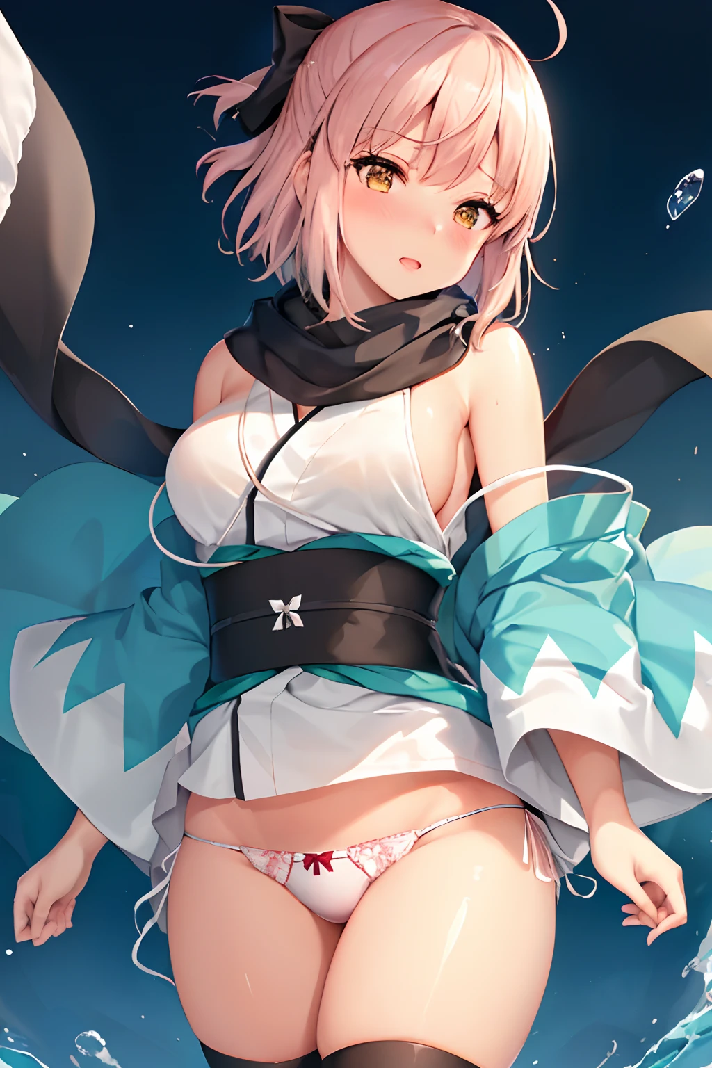 (extremely details CG), (Best Quality), Perfect face, Shiny skin, Lustrous skin,wide hips, 1girl in,Solo , Okitasoji Temple,Bangs,Obi, White kimono, black thighighs, Yellow eyes,black thighhighs , Short kimono, Black bow, Black scarf, Short hair, Ahoge, scarf, Blonde hair, hair bows,Bow, Kimono,embarrassed from、red blush、(Skirt lift:1.3), (white panties:1.3)、(Skirt that rolls up:1.3)、(Fully exposed panties:1.5)、(Twisting the skirt with both hands:1.3)、bare shoulders、bare elbows、Bare hands