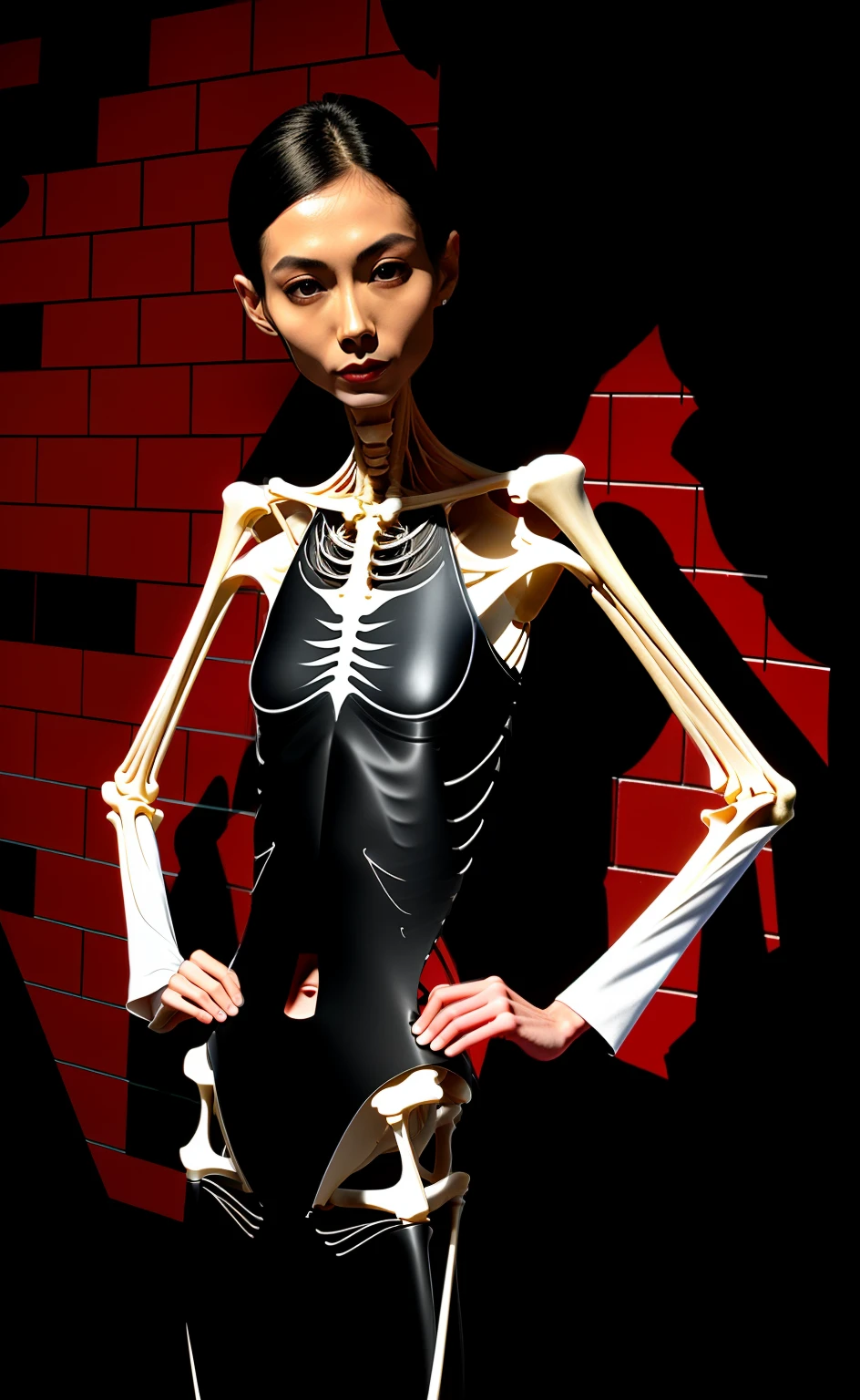 Extremely thin woman, A thin body,Protruding sternum,The waist is slender,The ribs are noticeable,Protruding ribs,The pelvis is very pronouncedly protruding,The pelvis is markedly elevated,White skin of the,Thin shoulders,Very slim waist,Extremely skinny,Sunken abdomen,Asian face,The body is as thin as a skeleton,There is no fat in the abdomen
