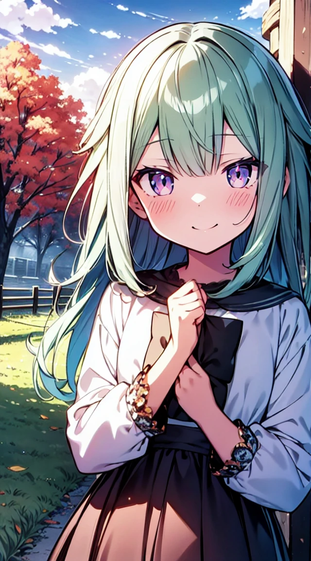 masutepiece, Best Quality,Illustration, Wallpaper, ultra -detail, Absurd beauty, 1beautiful girl、Bright hair color、Glitter and big eyes、Hair fluttering in the wind、♡、Autumn landscape、miscievous smile