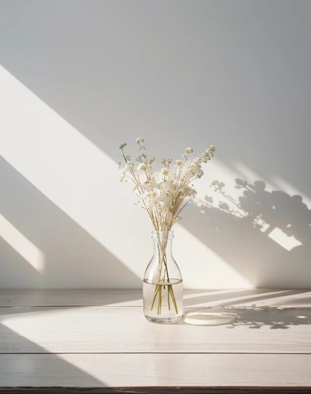 White dried flowers、White Wood Interior Accessories、Soft light、Rim Lights、beautiful shadow、lowkey、(Photorealsitic、Raw foto:1.2)、(Natural texture、realistic detailed)、Hyper-Realism、超A high resolution、4K、top-quality、white walls、Perfect Angle、