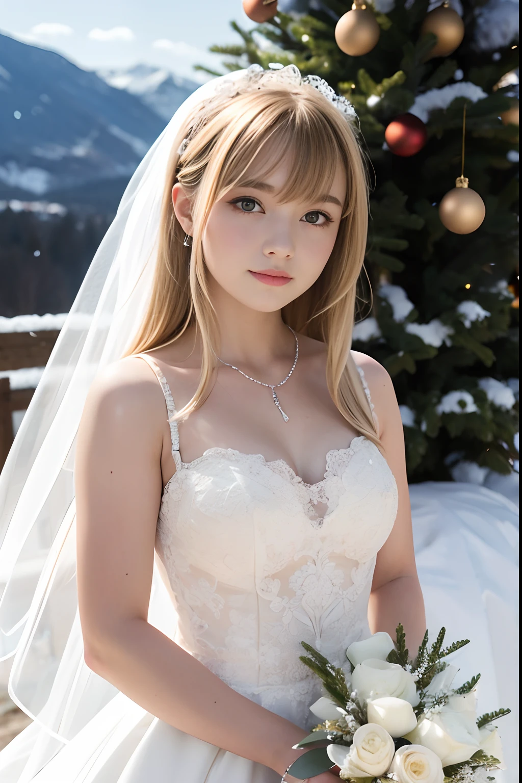 A girl,16 year old,pretty face,wedding dress,european countryside,blonde,bangs bangs,muscular arms,snow field and Xmas tree