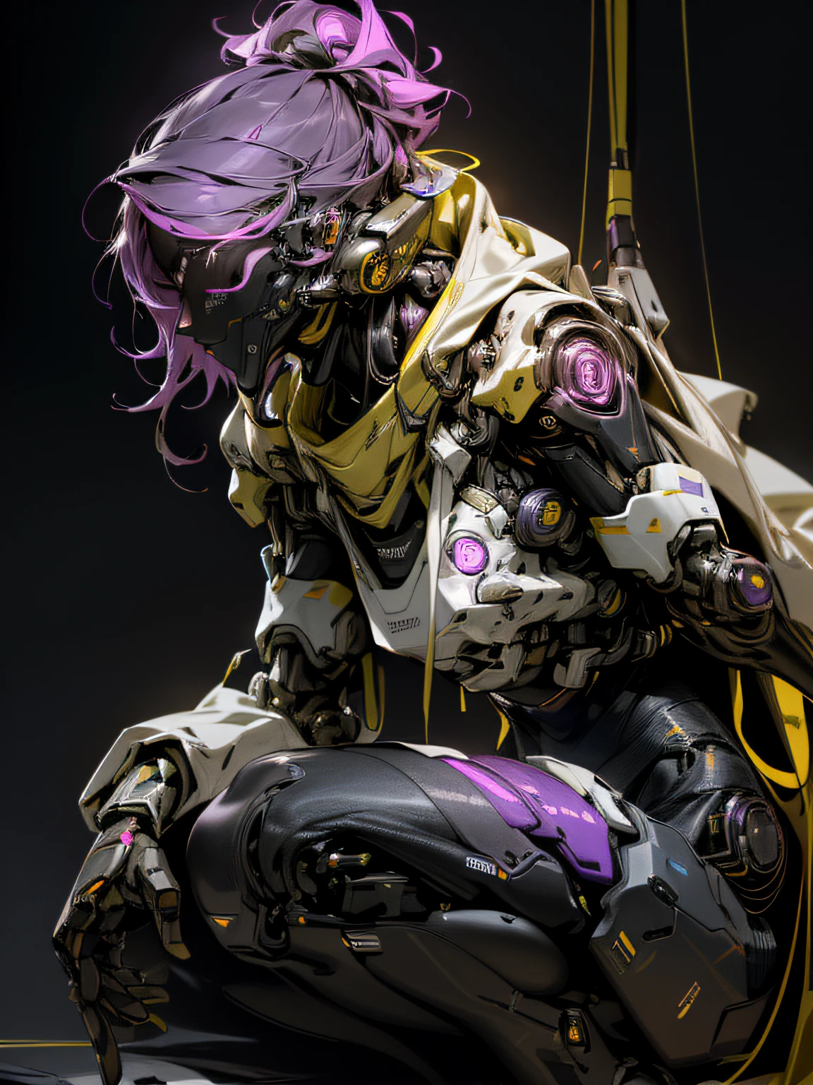 (best quality,ultra-detailed,realistic,highres:1.2), female robot, vibrant purple aura, no face, Yellow metallic textures with Black details, futuristic environment, glowing LED lights, sharp focus, professional concept art, sci-fi style, dull colors,