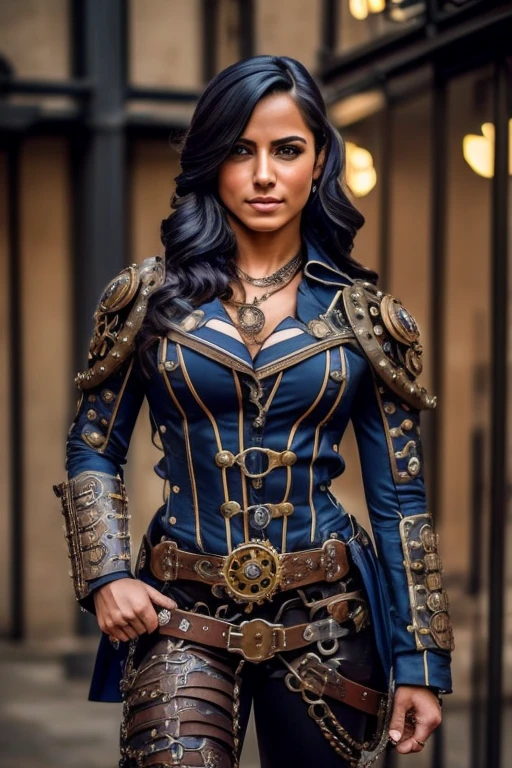 Soldado mulher robusta bodybuilder full Steampunk, cabelo curto, corpo inteiro, traje Azul, frontal angle, concentrada, Spear and Steampunk Shield, patrulhando ruas Steampunk, imagens ultra