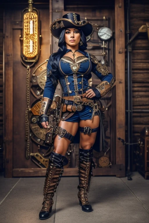 Soldado mulher robusta bodybuilder full Steampunk, cabelo curto, corpo inteiro, traje Azul, frontal angle, concentrada, Spear and Steampunk Shield, patrulhando ruas Steampunk, imagens ultra