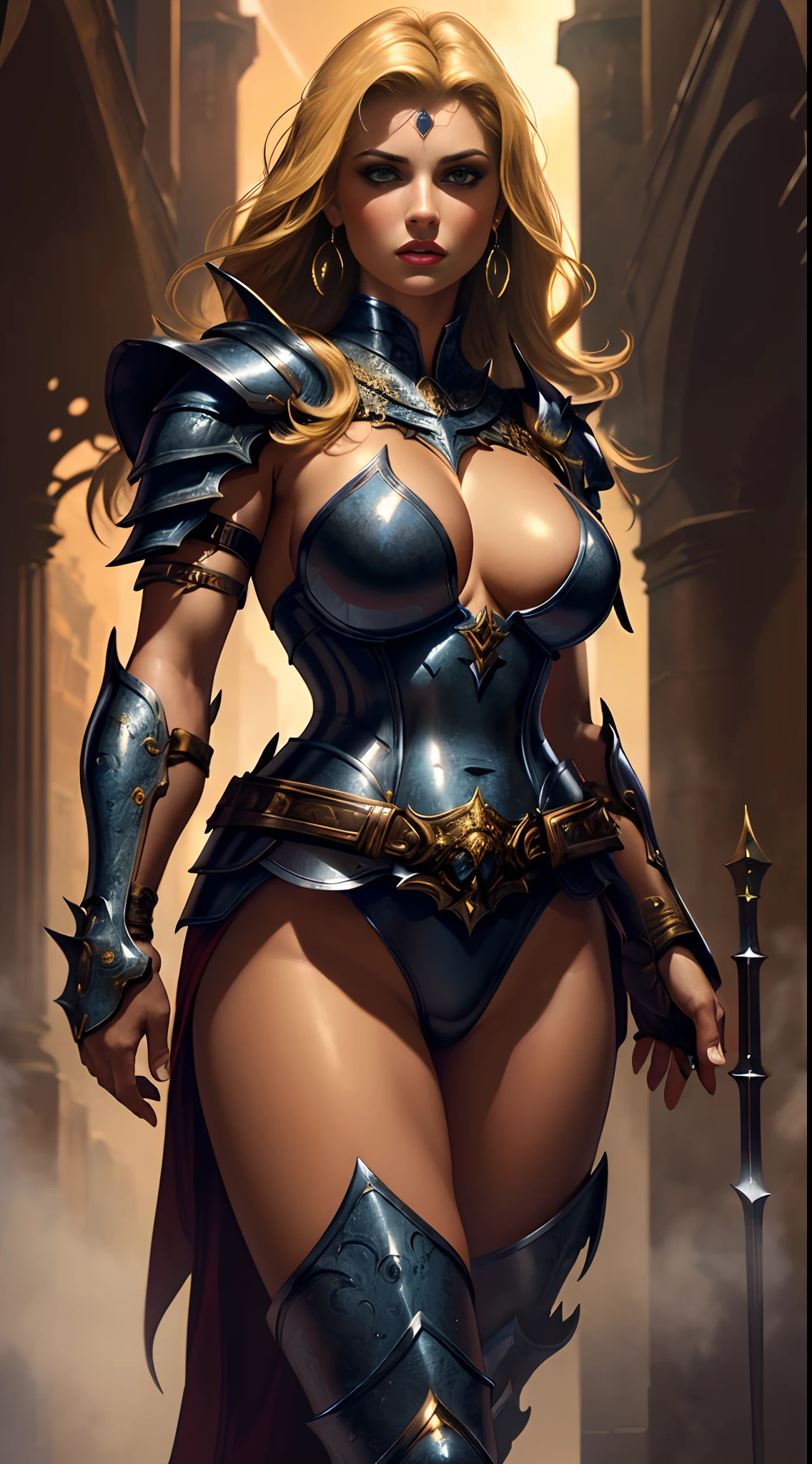 (best quality,4k,8k,highres,masterpiece:1.2),ultra-detailed,(realistic,photorealistic,photo-realistic:1.37),detailed face,beautiful detailed eyes,beautiful detailed lips,longeyelashes,blonde Female knight,plate armour,revealing armor,the provocative,sexy pose,seductive expression,dangerous yet alluring,confident and empowered,strong and resilient,women's strength and beauty,a sense of mystery,warrior ethos,medieval inspiration,fierce and fearless warrior,fantasy settings,alluring lighting,erotic art style,dark and gritty atmosphere,vivid colors,deep shadows,sharp focus,bokeh.
