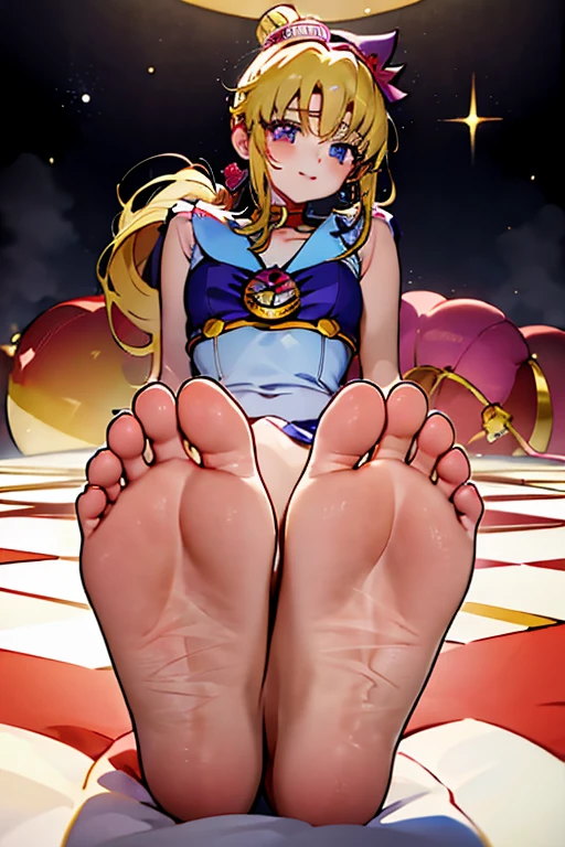Masterpiece, best quality, (1 girl), with Sailor Moon super Sailor Moon costume, sitting on the floor, smiling, happy, a big yellowish full moon behind her, white gloves, blue eyes, galaxy background, sailor uniform white senishi, with a large red bow on her chest, a navy blue skirt, circular gold hair clips with a red center on top of her head, one on the right and one on the left, a red bow on her chest, a heart brooch, earrings, half moon, heart necklace, very long blonde hair, two very long pigtails, one on the left and one on the right that reach the floor, crescent moon earrings, yellow tiara on the forehead with a small red circle in the middle , yellow collar, sitting, legs stretched forward, barefoot, showing soles. of her feet, the soles of her feet are big and smell bad, the shape of the perfect foot, five toes, anime, Sailor Moon