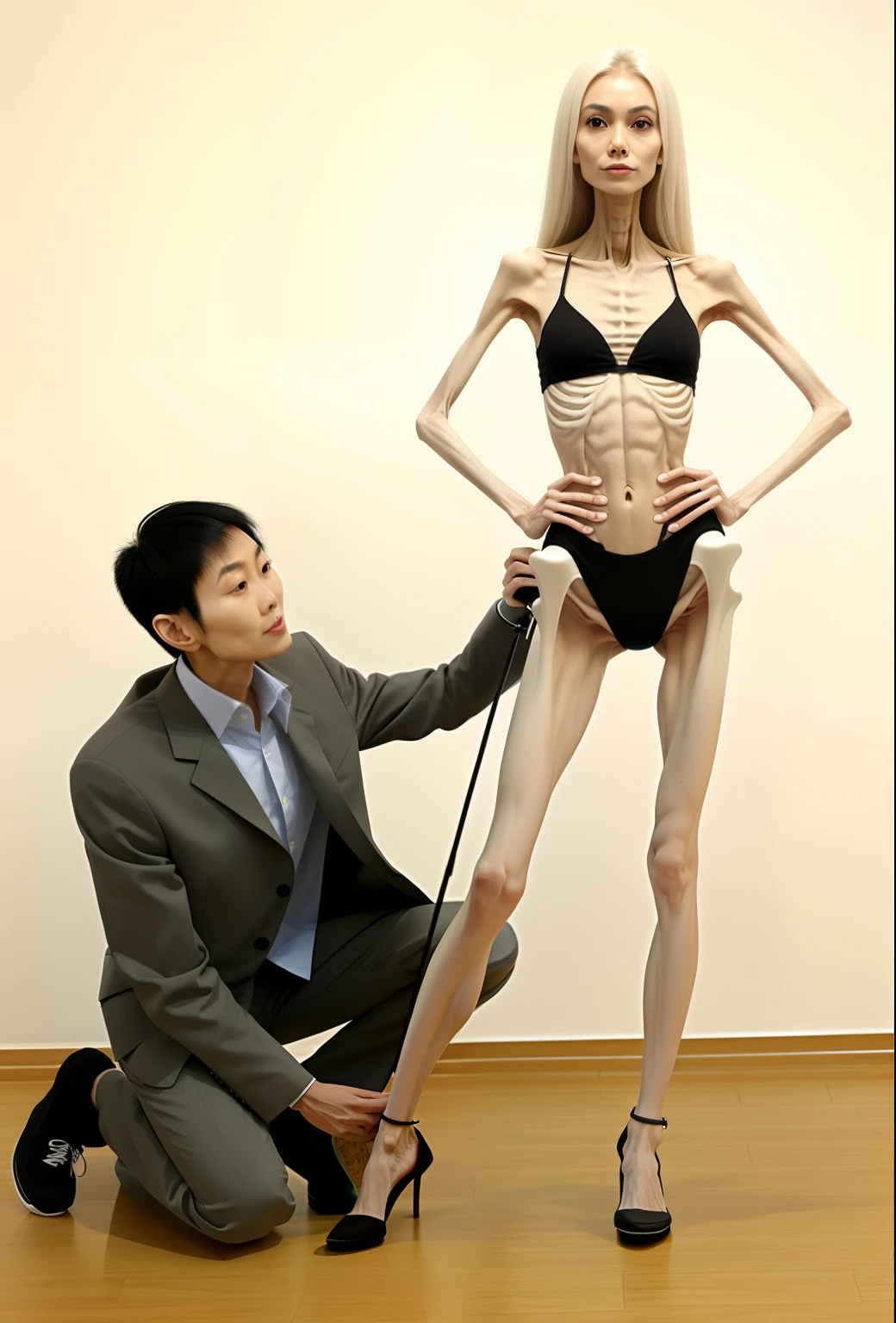 Extremely thin woman, A thin body，Protruding sternum，The waist is slender，The ribs are noticeable，Protruding ribs，The pelvis is very pronouncedly protruding，The pelvis is visibly protruding，White skin of the，Thin shoulders，Very slim waist，Extremely skinny，Sunken abdomen，Asian face，The body is as thin as a skeleton，There is no fat in the abdomen