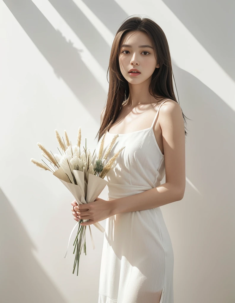 White dried flowers、sage，eucalyptus、Pampas grass、Soft light、Rim Lights、beautiful shadow、lowkey、(Photorealsitic、Raw foto:1.2)、(Natural texture、realistic detailed)、Hyper-Realism、超A high resolution、4K、top-quality、white walls、Perfect Angle、