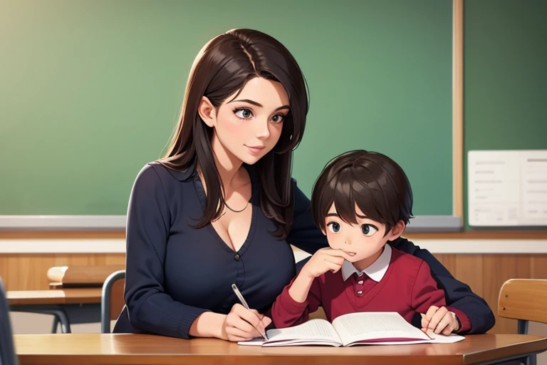 A nice motherly teacher helping a ****** boy do homework in class