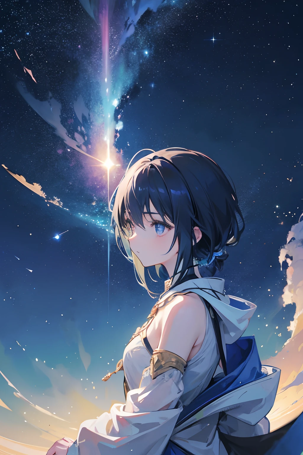 Create exquisite illustrations reminiscent of Makoto Shinkai's style, It has ultra-fine details and top-notch quality. Create an illustration featuring a massive comet descending from the night sky towards the Earth, accompanied by the silhouette of a girl gazing up at it. The comet should exude a fantastical and ethereal atmosphere, with its tail trailing behind, creating a sense of cosmic wonder. The girl, bathed in the surreal glow of the comet, stands in awe as she witnesses this celestial event. The overall illustration should transport viewers to a magical moment where the boundaries between reality and fantasy blur, capturing the breathtaking beauty of a celestial encounter