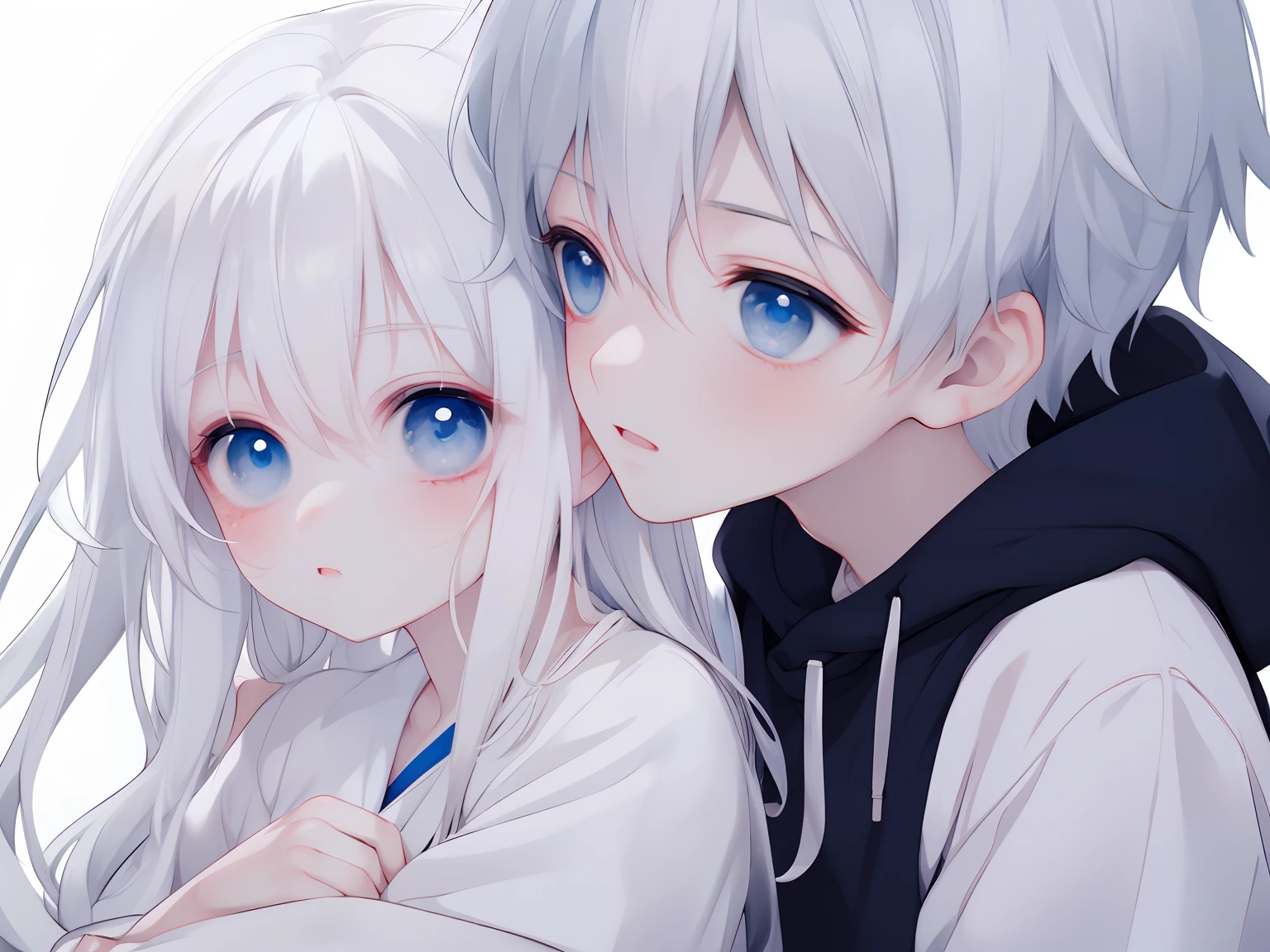 The white-haired, Blue-eyed, Young girl hugging boy in white shirt with white hair and blue eyes，k hd，is shy，White skin，((with a pure white background))