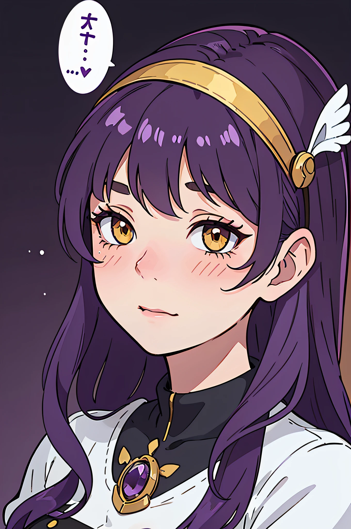 best quality, masterpiece, illustration:1.1), [[[1woman]]], ((Dark Purple hair)), yellow eyes, beautiful, perfect FACE , no background. ((Blushing face)). Close on face.