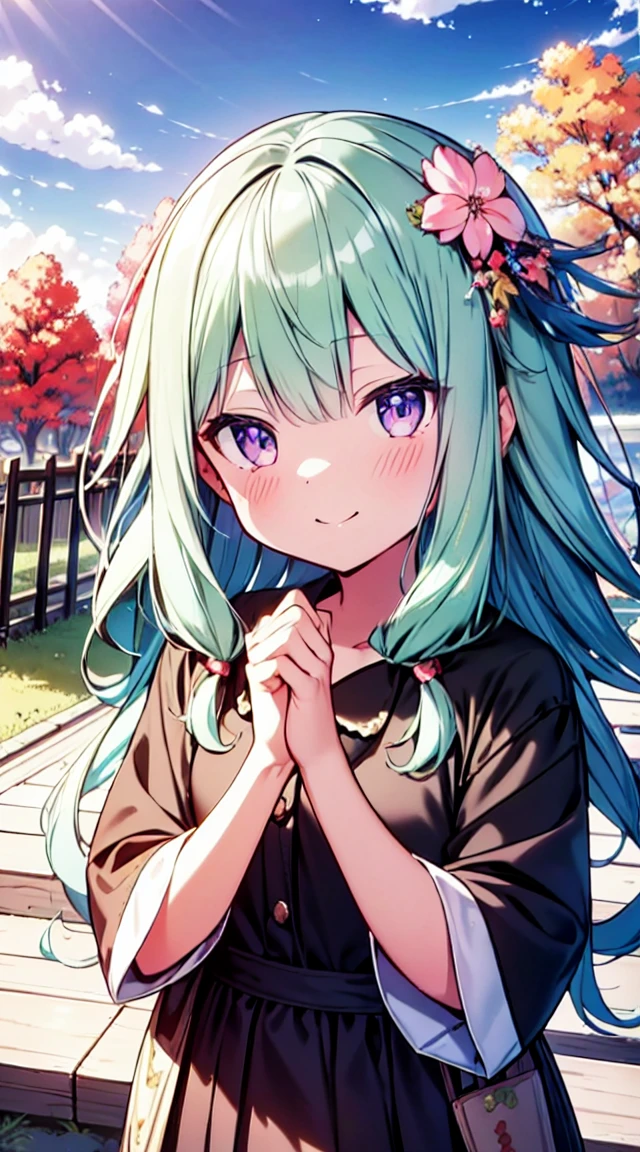 masutepiece, Best Quality,Illustration, Wallpaper, ultra -detail, Absurd beauty, 1beautiful girl、Bright hair color、Glitter and big eyes、Hair fluttering in the wind、♡、Autumn landscape、miscievous smile