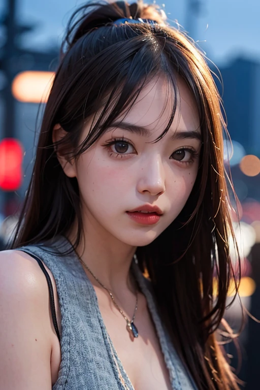 (masterpiece, best quality:1.4), lady, solo, (beautiful face, night:1.2), violaceaess, 8k, absurdres, upper body, puff sleeve peplum, looking at viewer, film grain, chromatic aberration, sharp focus, facelight, sophisticated, (smile:0.5), (neon, street:1.1), simple background, bokeh background, [:detail face:10]