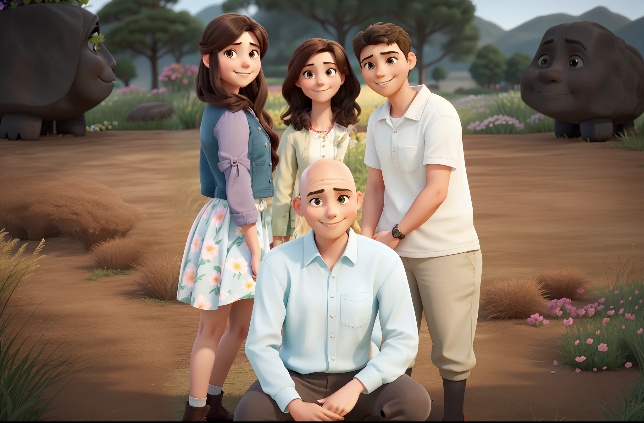 standing a smiling young woman on the left side, in the center a smiling woman, on the right side a smiling boy and crouching in the center, a bald man with a serious face with lots of grass and flowers in the background