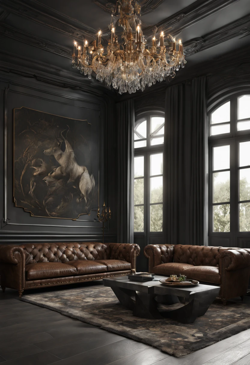 rich man's house, leather sofa, chandelir, hunting trophies, octane render, darkslategray wall, ultra details, interior design, 8 k , AF CHALK on teh wall