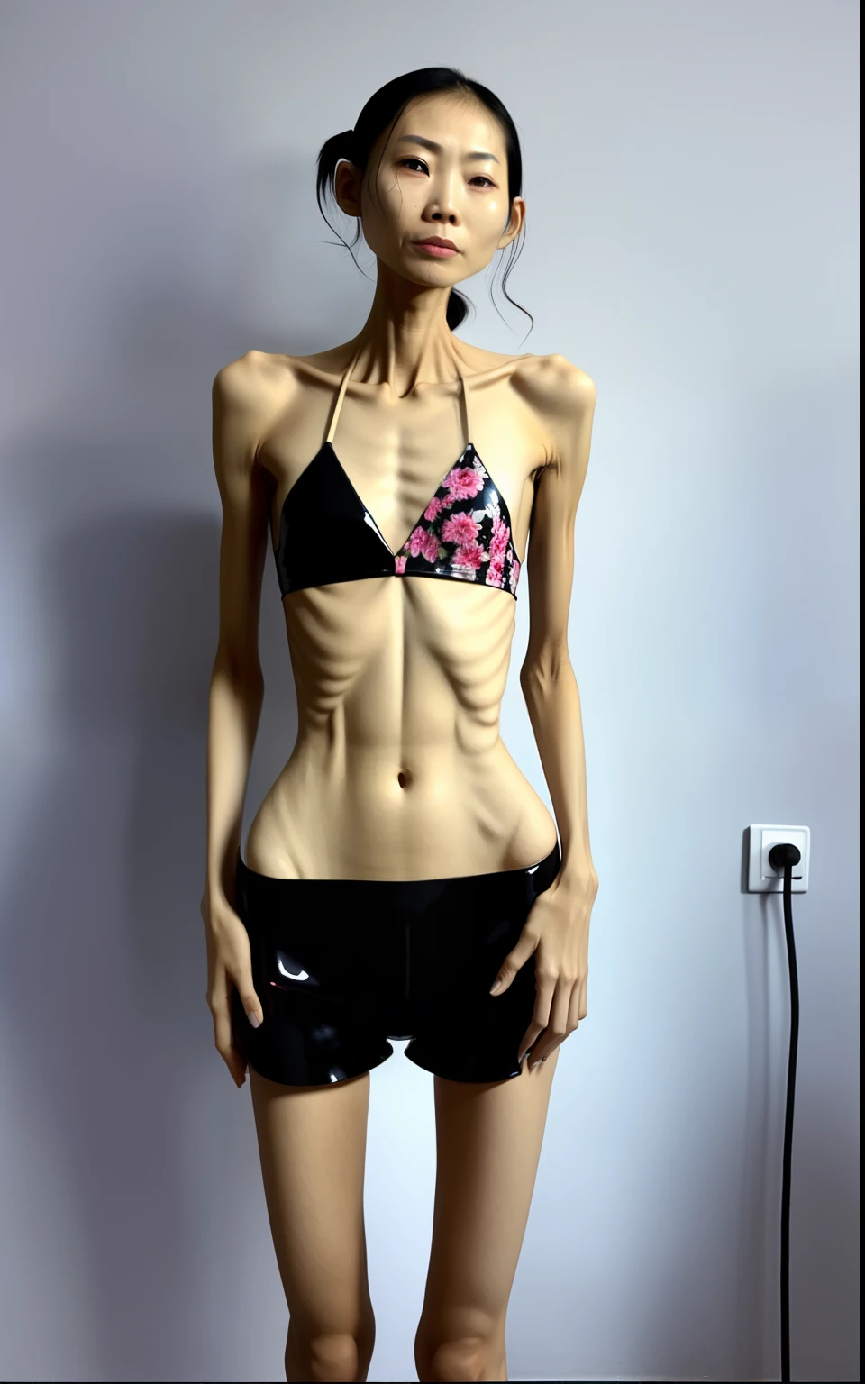 Extremely thin woman, A thin body,Protruding sternum,The waist is slender,The ribs are noticeable,Protruding ribs,The pelvis is very pronouncedly protruding,The pelvis is markedly elevated,White skin of the,Thin shoulders,Very slim waist,Extremely skinny,Sunken abdomen,Skin and bones,short detailed hair,Haggard face,Wear a tight-fitting one-piece latex suit,Asian face,The body is as thin as a skeleton,The expression of crying