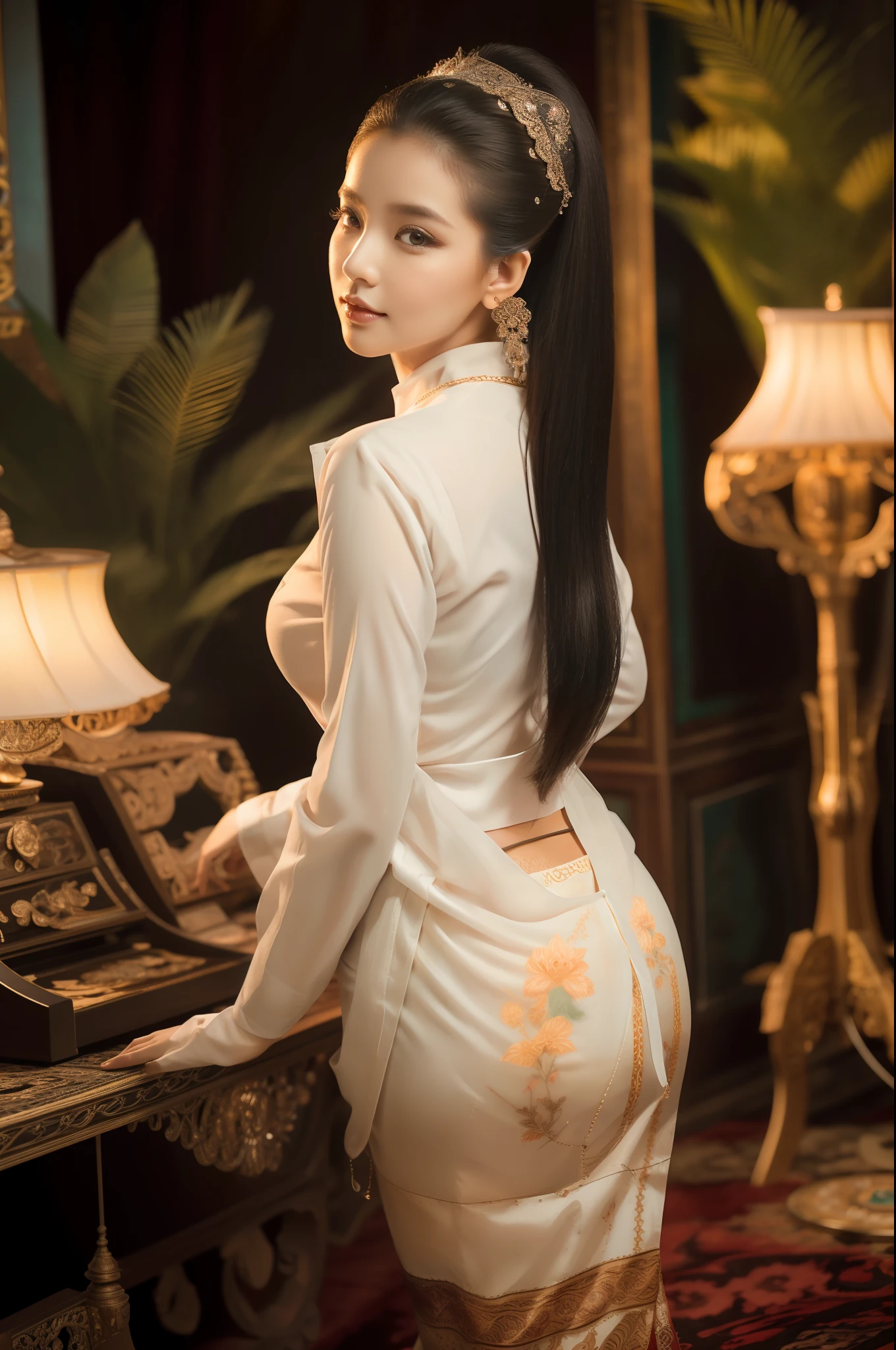 (best quality,realistic)
mature woman,curvy beauty,voluptuous figure,tall and confident,catching attention,
high ponytail accentuating charm,
green eyes glowing with allure,
full lips inviting a touch,
seductive charisma radiating all around.

(Burmese clothes:1.1)
Wearing a dignified principal Burmese clothes,
impeccably dressed, highlighting elegance, accentuating curves,
exposing a hint of alluring cleavage

(giant breasts:1.1,giant ass:1.1)
With giant breasts that draw eyes instantly,
and a mesmerizingly voluptuous, curvy figure.
Her giant ass fills every corner of the frame,
leaving no room for doubt, she commands attention.

(highres,ultra-detailed:1.2)
Every detail on her skin and clothes is visible,
rendered in high resolution, capturing even the finest nuances.
Each strand of hair in her high ponytail is meticulously defined,
shimmering in the light with ultra-fine realism.

(vivid colors,sharp focus)
The colors in the scene pop with vibrant intensity,
creating a visually captivating effect.
The sharp focus brings the principal's presence to life,
making her stand out with unparalleled clarity.

(portraits,studio lighting)
The artwork showcases a portrait of this mesmerizing woman,
crafted with masterful skill and precision.
Studio lighting casts a delicate glow on her features,
enhancing the shadows and highlights, adding depth and dimension.

(photorealistic,professional)
The level of realism in the artwork is jaw-dropping,
displaying the artist's exceptional skill and expertise.
Every brushstroke is meticulously executed,
resulting in a strikingly lifelike representation.

(bokeh)
Soft, dreamy bokeh in the background adds a touch of romance,
creating a sense of depth and highlighting the principal's presence.
The beautifully blurred lights add a magical ambiance,
further enhancing the overall enchanting atmosphere.