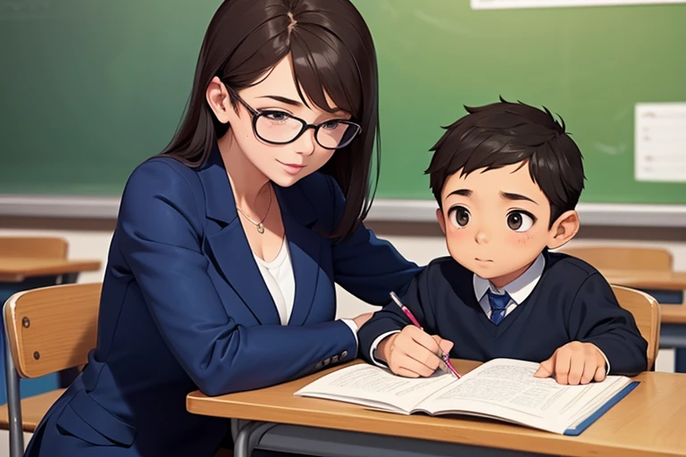 A nice motherly teacher helping a ********** do homework in class