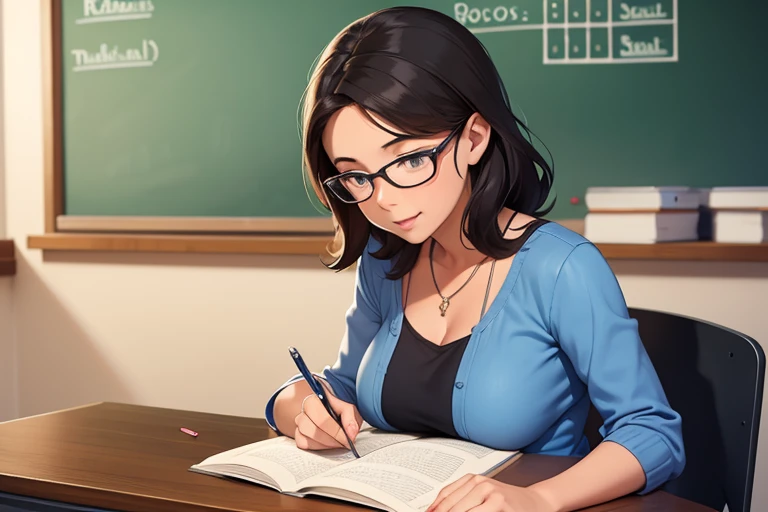 A nice motherly teacher helping a little boy do homework in class
