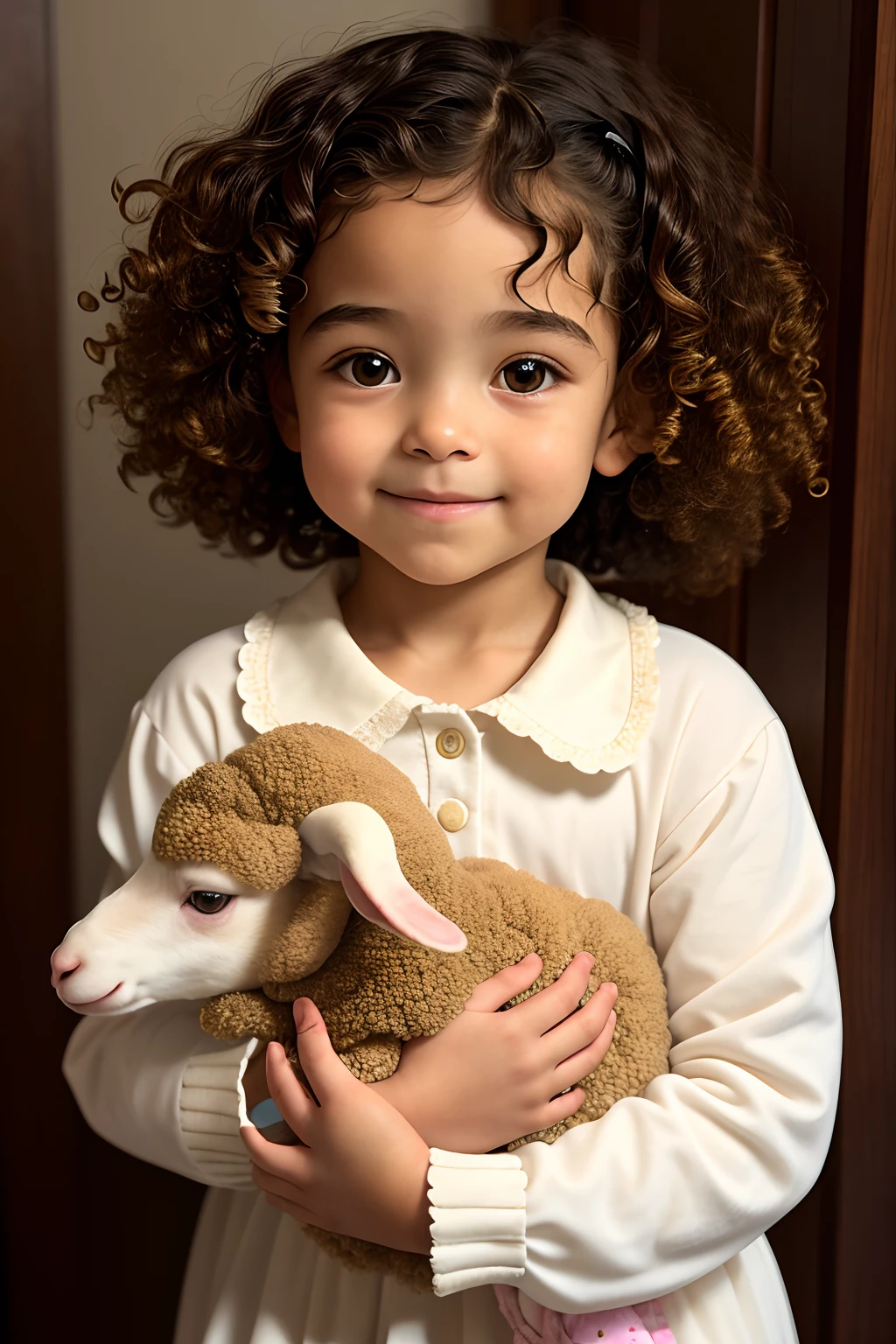 A little girl with curly hair, caramel skin, and a button nose holding a lamb.