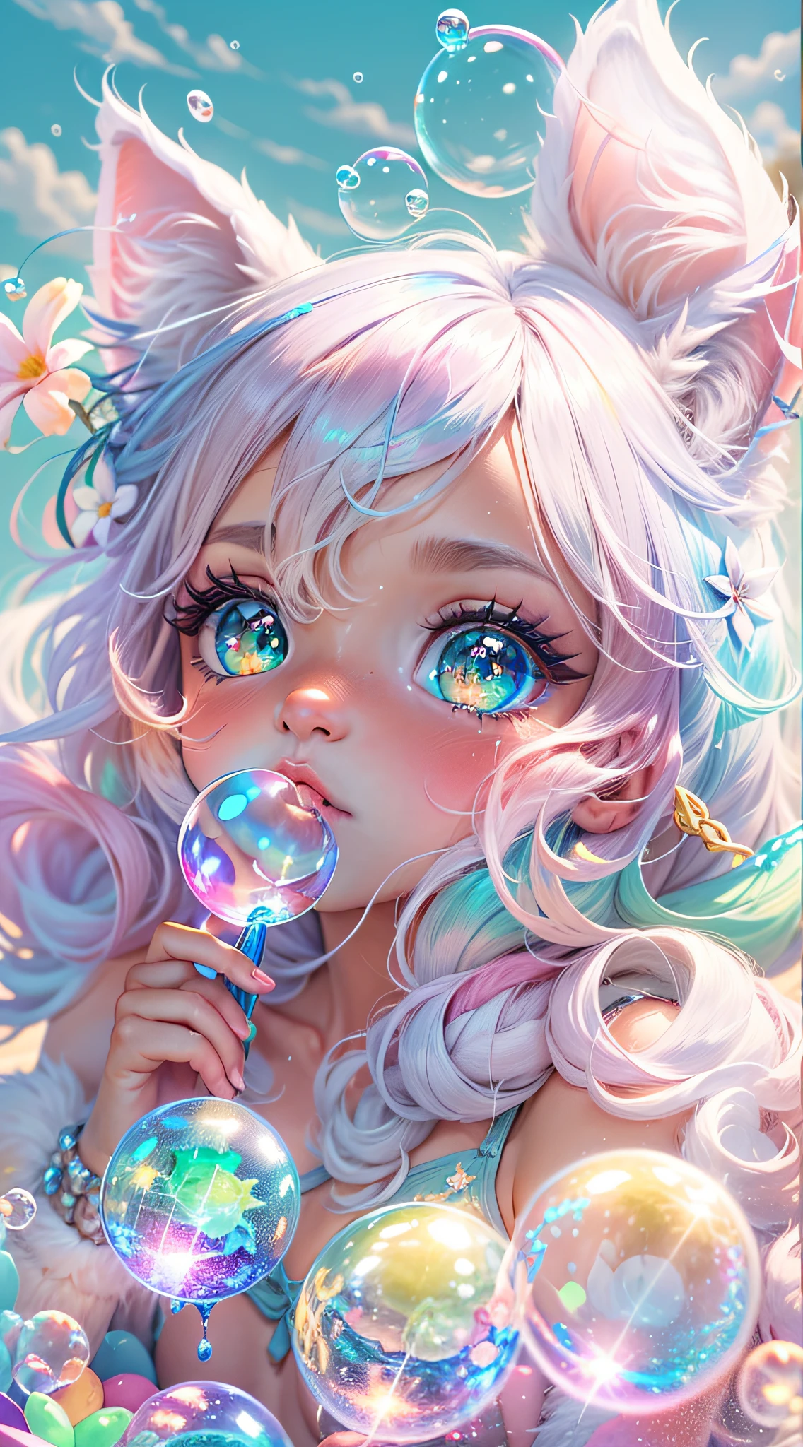 Cute furry kitty girl, blows a lot of soap bubbles, letho, Sunbeams, glares, Glitter Iridescent Iridescence, Cute big sparkling eyes, Pink spout, Masterpiece, ultradetail, full hd, blue skies, greens, Flowers, Summer Warmth