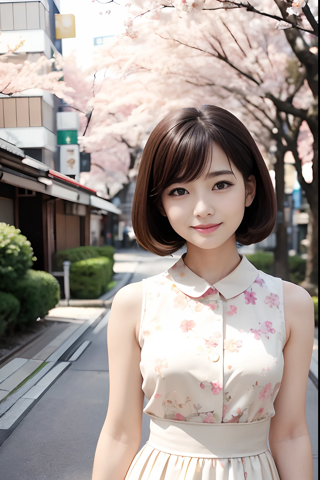 retro photography, 1960s-era , AGFA, Kodak, 1girl in,  Portrait, up looking_で_viewer,  Smile,  Japan, tokyo prefecture, cherry blossom,  Octane Render,  Solo, rtrophto1,beige sleeveless dress