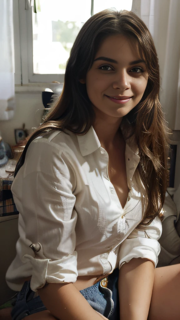siting in bed argentine girl mikaela Sorin. smile, , in in his messy teen room, first button unbuttoned shirt, light from the window (((mikaela Sorin)))