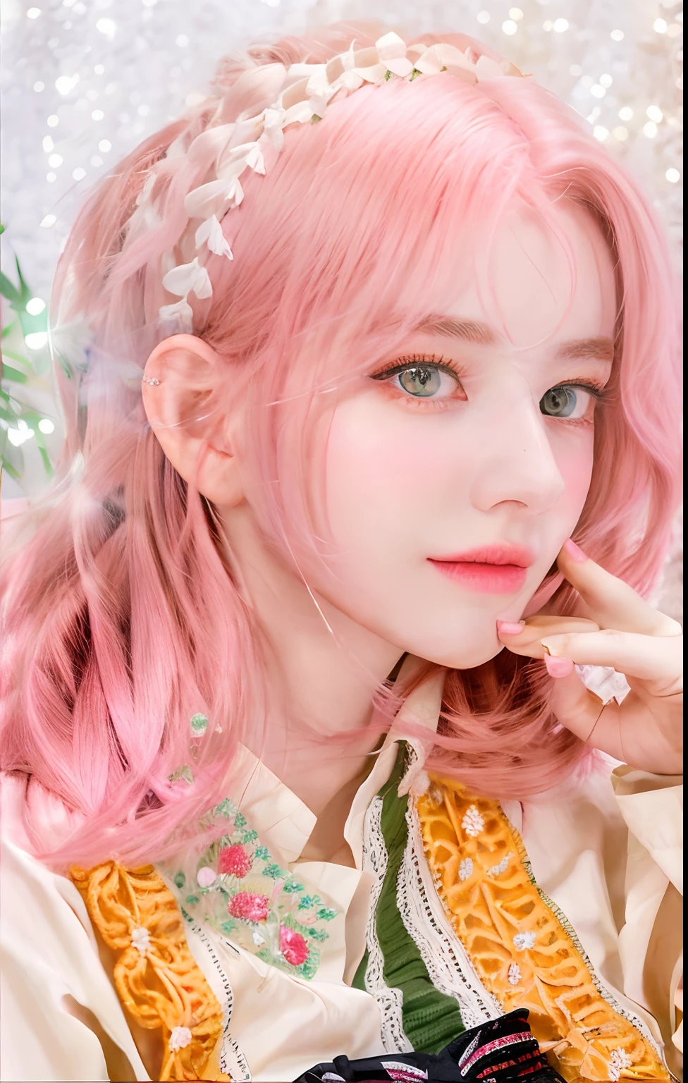 Pink hair, green eyes, royal, realistic, beautiful, girl