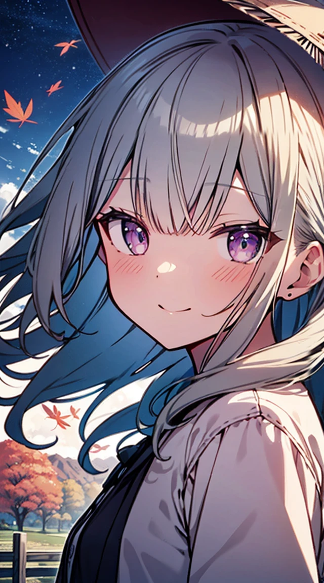 masutepiece, Best Quality,Illustration, Wallpaper, ultra -detail, Absurd beauty, 1beautiful girl、Bright hair color、Glitter and big eyes、Hair fluttering in the wind、♡、Autumn landscape、miscievous smile