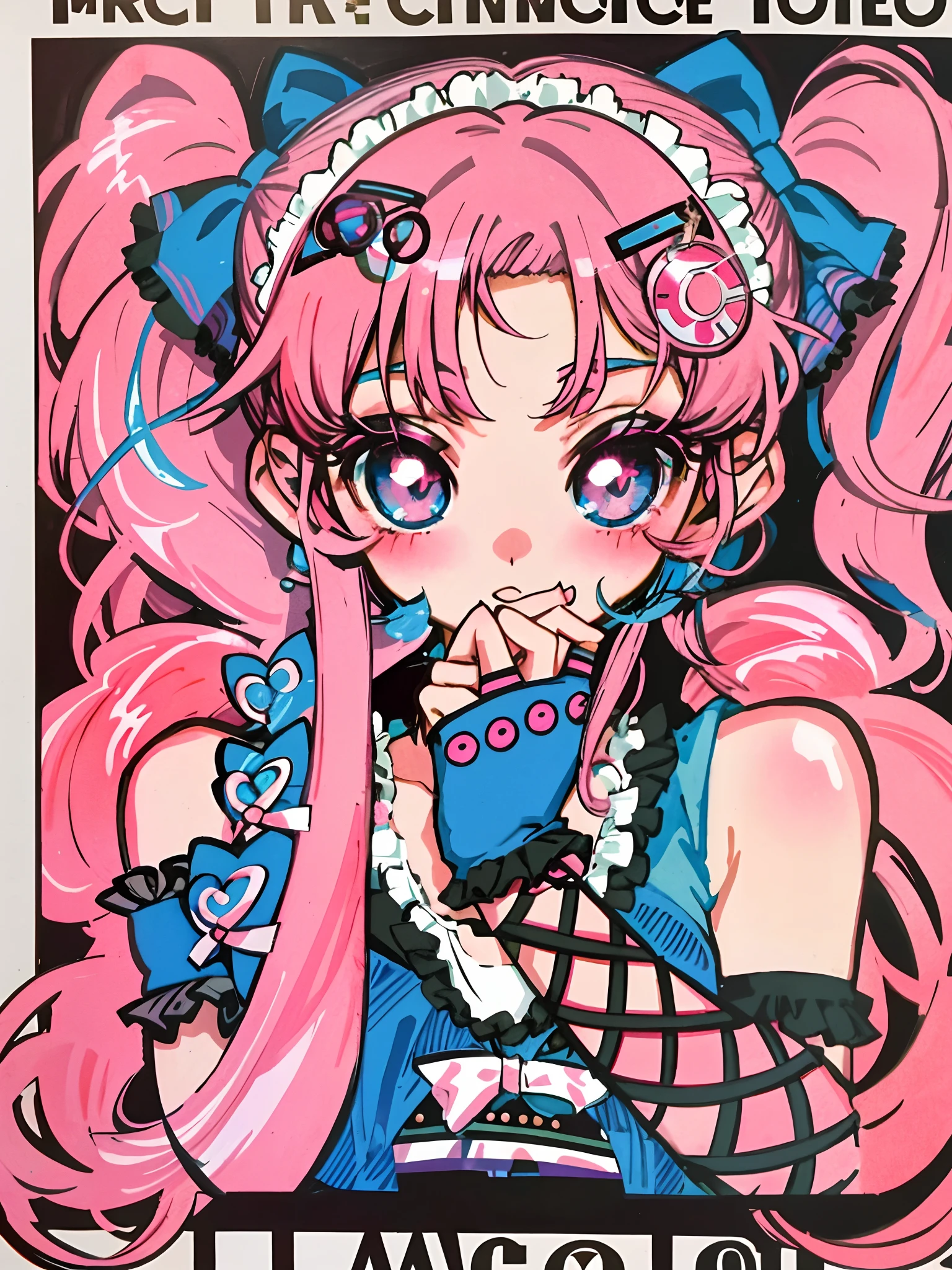 a close up of a poster with a girl with pink hair, decora inspired illustrations, portrait of magical girl, portrait of radical lolita girl, portrait of magical lolita girl, pink twintail hair and cyan eyes, baroque visual kei decora art, retro anime girl, by Shinoda Toko, 9 0 s anime art style, portrait of lolita