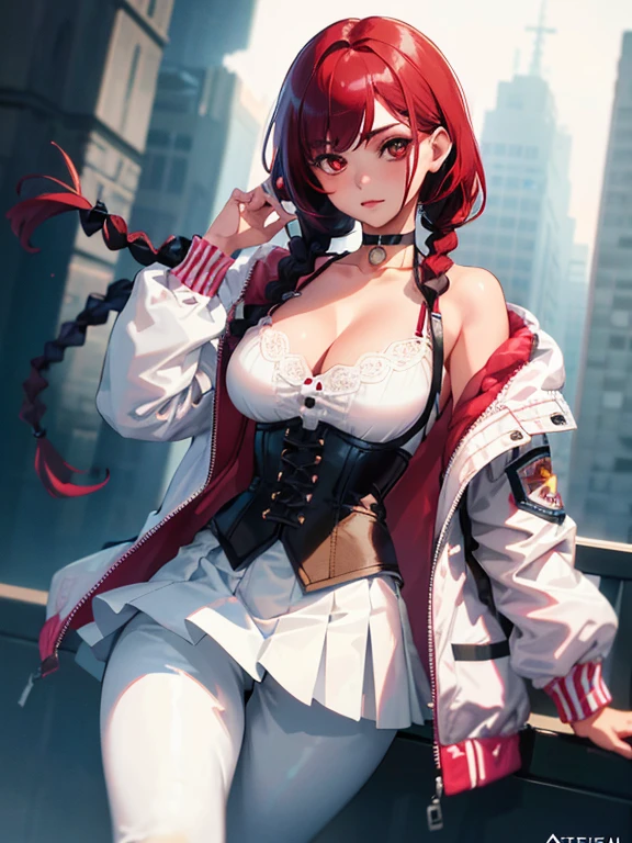 1girl, portrait of beautiful lobapex, athletic, white jacket, corset, skirt, pants, black hair, red hair, braids, makeup, choker, cleavage, wide hips, volumetric lighting, best quality, masterpiece, intricate details, tonemapping, sharp focus, hyper detailed, trending on Artstation, realistic