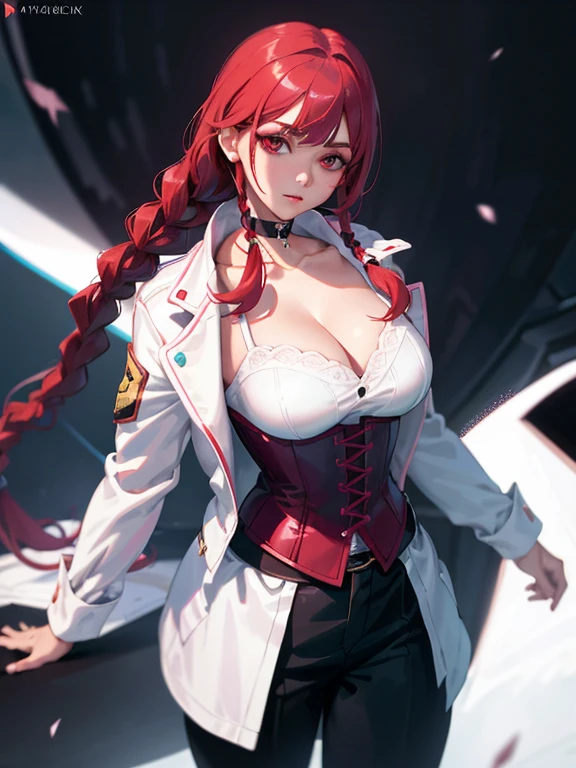 1girl, portrait of beautiful lobapex, athletic, white jacket, corset, skirt, pants, black hair, red hair, braids, makeup, choker, cleavage, wide hips, volumetric lighting, best quality, masterpiece, intricate details, tonemapping, sharp focus, hyper detailed, trending on Artstation, realistic