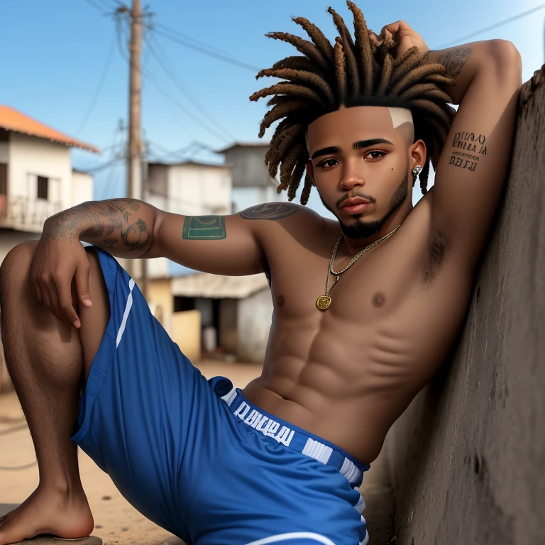 Criar , um rapper de pele escura , na favela , de cabelo liso curto , corte do jaca