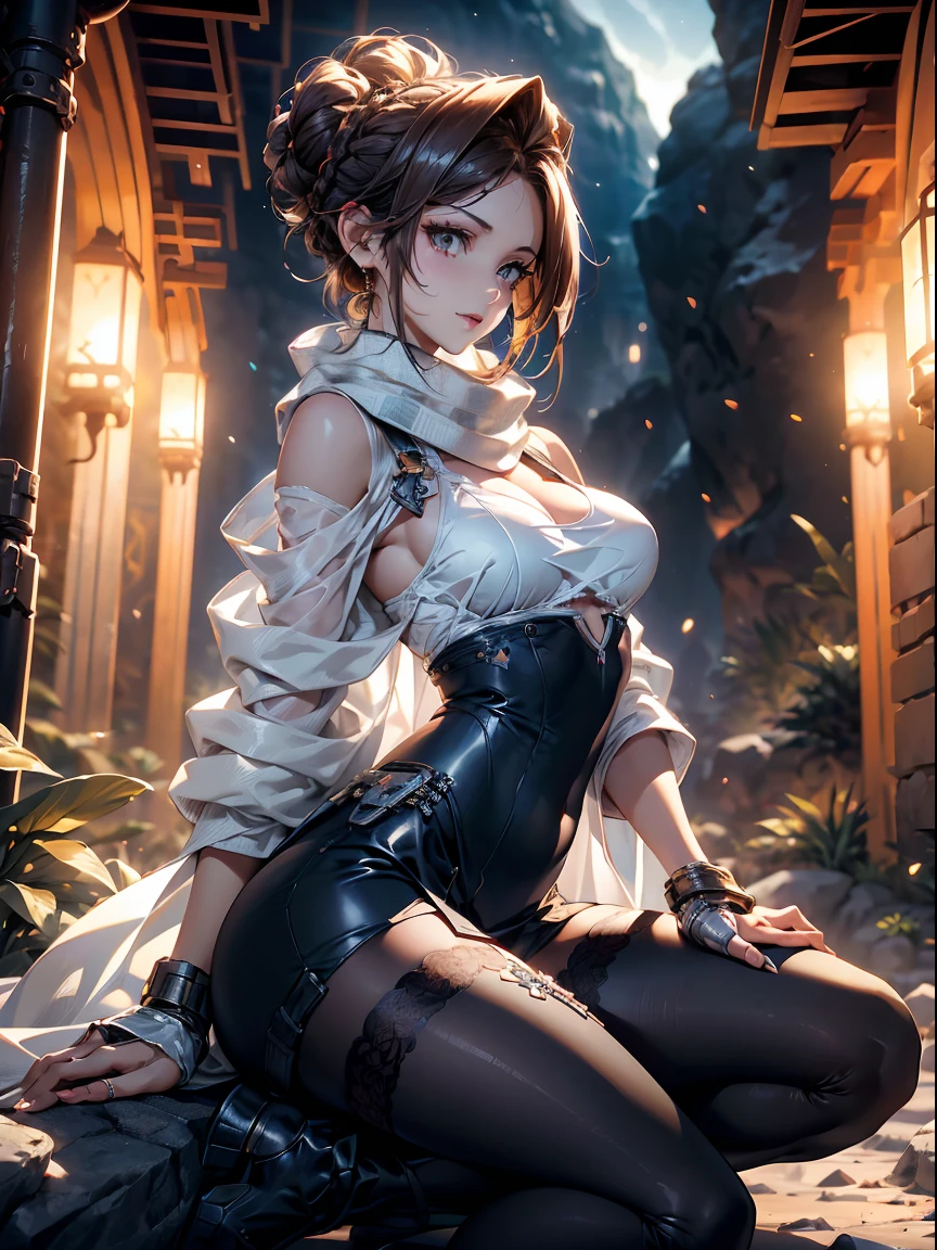 a matured woman with long black hair and a white outfit, (at a rock place in a desert:1.5), (resting in oasis:1.2, holding metal water bottles:1.3, sitting with spreading legs:1.5, Yoga posing, with cross-legged:1.3, Indian style, with lifting arms, in front of Arabic ruins:1.2), Arabic, (Post apocalyptic:0.2), from arknights, artwork in the style of guweiz, bodyesbian, fine details. girls frontline, beautiful anime illustration, from girls frontline, by Yang J, stunning, 26 years old, (milf:1.3), (solo:1.5), (sfw:1.25), sagging breast, fuge breasts, big tits, thin waist, big ass, Raised sexy, (dark mahogany medium short hair, updo, hair over one eye, asymmetric hair, Carly hair, low tied braids),(musulman, white Headscarfs, hair bands, head vandage, Turban), (ultra high resolution, 8K RAW photo, photo realistics, thin outline:1.3, clear focus), best qualtiy, natural lighting, textile shading, blurry back ground, field depth, bokeh, (Bright pupils, fine detailed beautiful eyes with highlight:1.2, high detailed face), Red lip, looking away:1.3, (dynamic angle:1.2, front view:1.2, breast focus:1.3, from above:1.1), dynamic posing, (sexy posing:1.2, leaning forward), seductive smiling:1.2, center image, (wearing white long jacket and clothes, wearing white robes, ((bare breast:1.37)), platinum ornaments, rolling white clothes around waist, camel-brown long leather boots:1.3, translucent lace pantyhose), ((correct anatomy:1.5)), ((outdoor:1.2, in a night:1.3)),