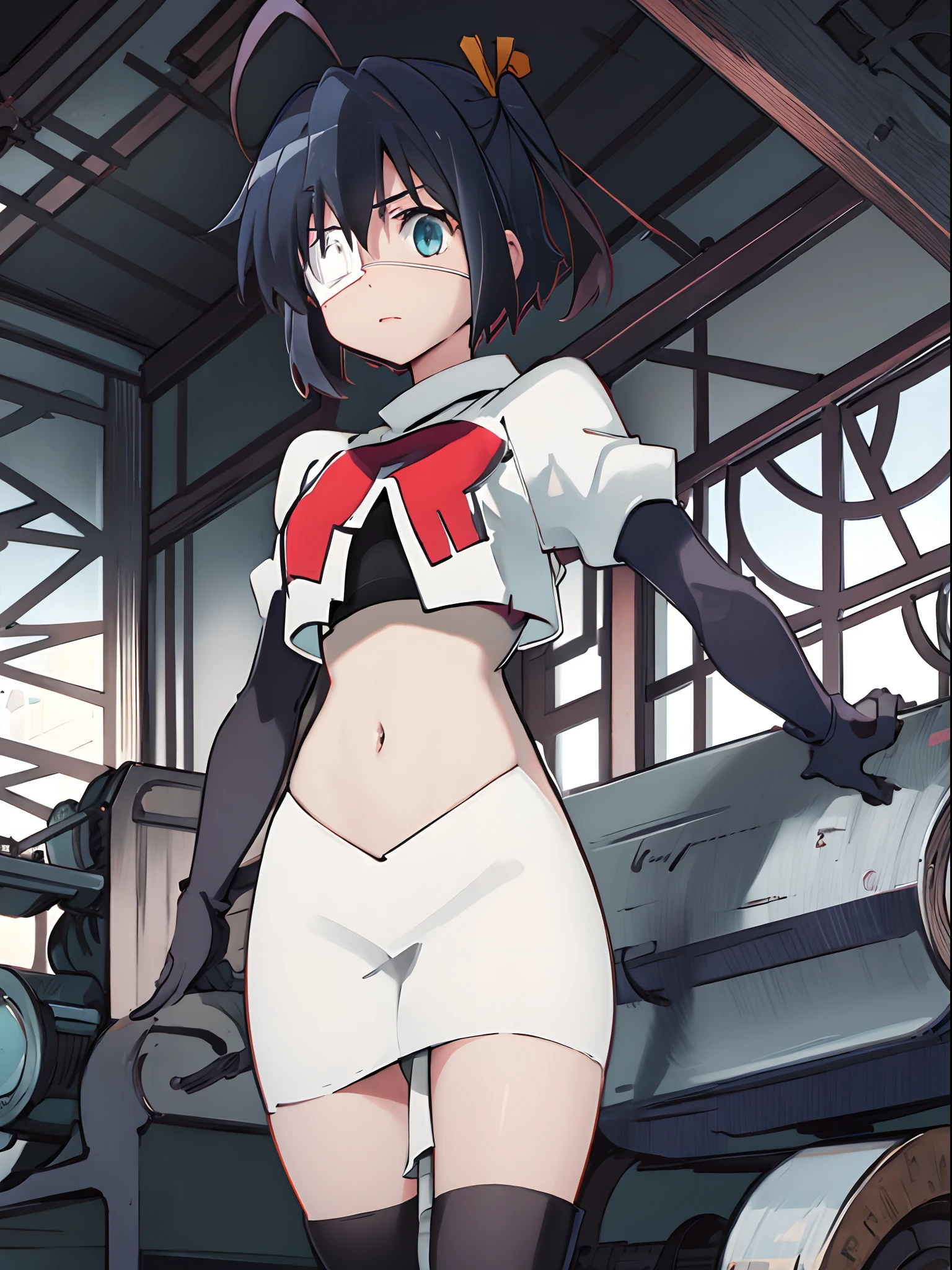 ph rikka, 1girl, :o, jacket, blazer, bow, aqua eyes,team rocket,team rocket uniform,white skirt,crop top,black thigh-high boots,black elbow gloves,