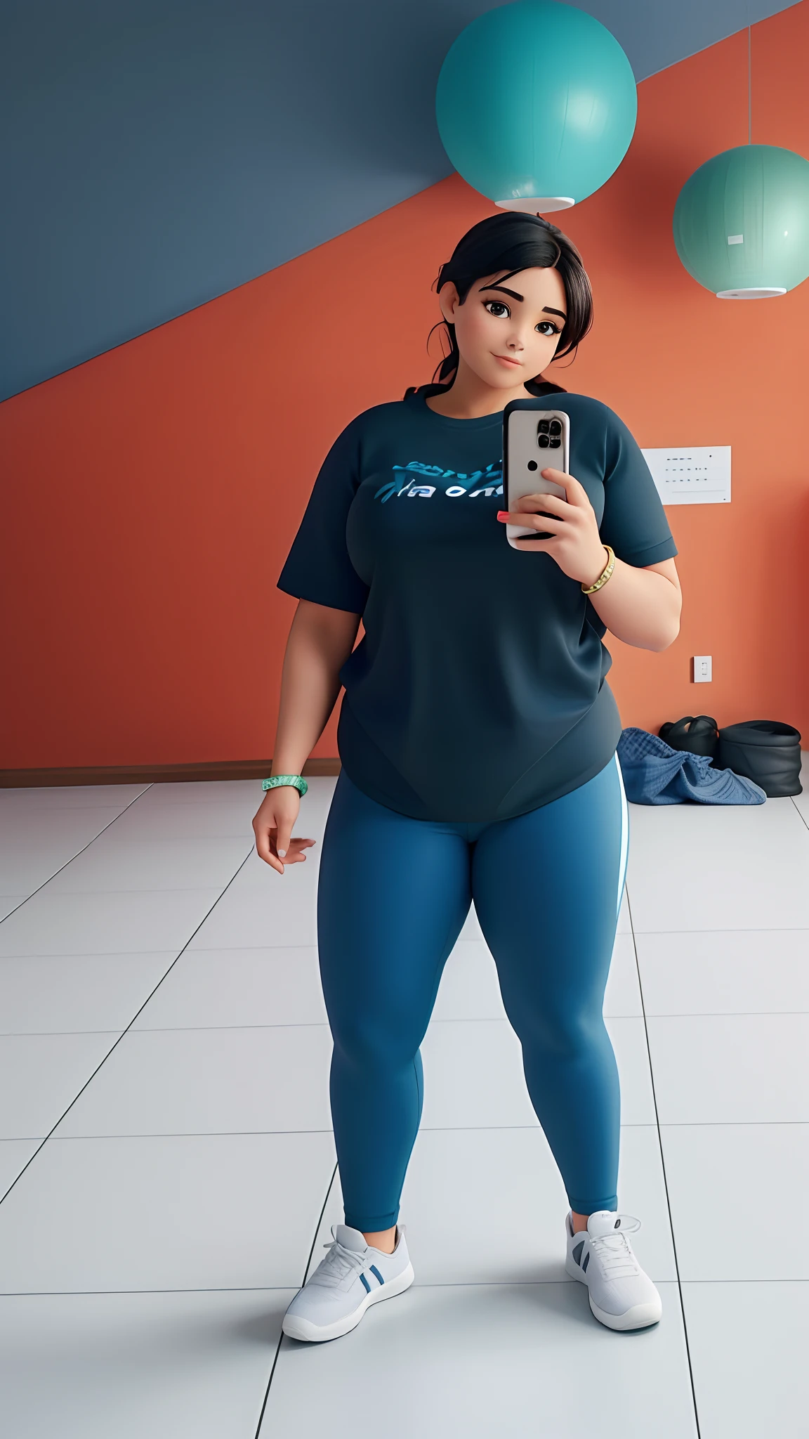 Mulher tirando uma selfie em uma academia, foto fit, usando equipamento de fitness, imagem de corpo inteiro, curvy crossfit build, foto da roupa, em uma academia, tshirt azul apertada, tiro centralizado de corpo inteiro, roupa azul, tiro centralizado de corpo inteiro, fit curvy physique, thicc, tiro de comprimento de corpo inteiro, tiro de corpo inteiro!!, fotografia da roupa, with teal clothes