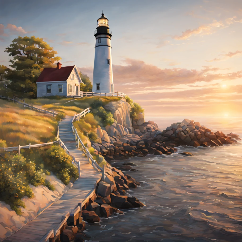 lighthouse on a cape in a small township in the northern united states, modern days, summer, warm sumset, soft light of the evening sun, realistic, cinematic, soft colors, ultra quality, hyper realistic, super detailed
