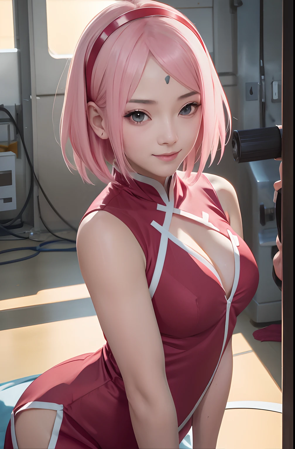 Sakura Uchiha.  a woman is in a room.  she looks beautiful.  wearing a red ceongsam.  with his chest open.  The ceongsam is so tight that it makes her curves trace out.  he seemed to bend his body slightly.  makes a sexy impression in the pose.  she had skin as white as snow.  with short pink hair.  which looks straight.  short.  breaks down and expands.  he appeared to be smiling and looking at the camera.  so beautiful and realistic