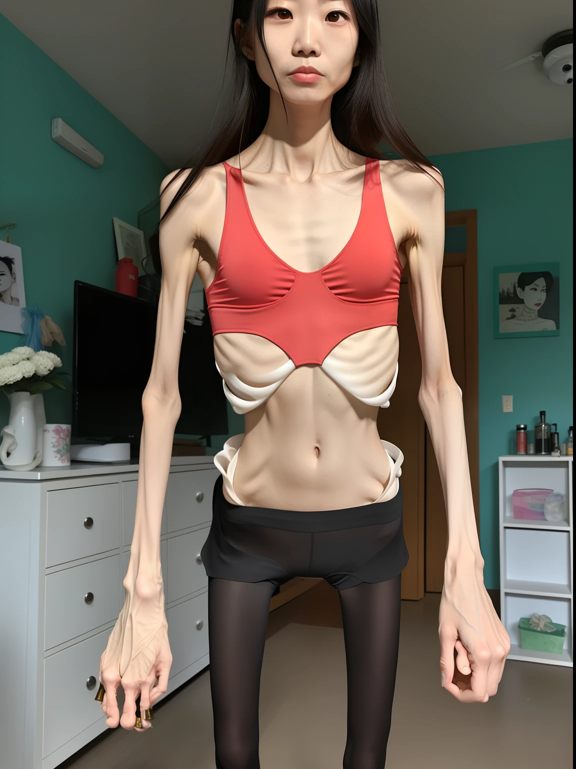 Extremely thin woman, A thin body,Protruding sternum,The waist is slender,The ribs are noticeable,Protruding ribs,The pelvis is very pronouncedly protruding,The pelvis is markedly elevated,White skin of the,Thin shoulders,Very slim waist,Extremely skinny,Sunken abdomen,Vacuum belly,Skin and bones,short detailed hair,Haggard face,Wearing black stockings,Asian face,The body is as thin as a skeleton,angry look