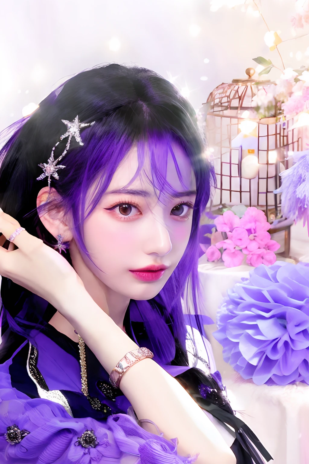 Black hair, purple eyes, realistic, royal, beautiful, girl