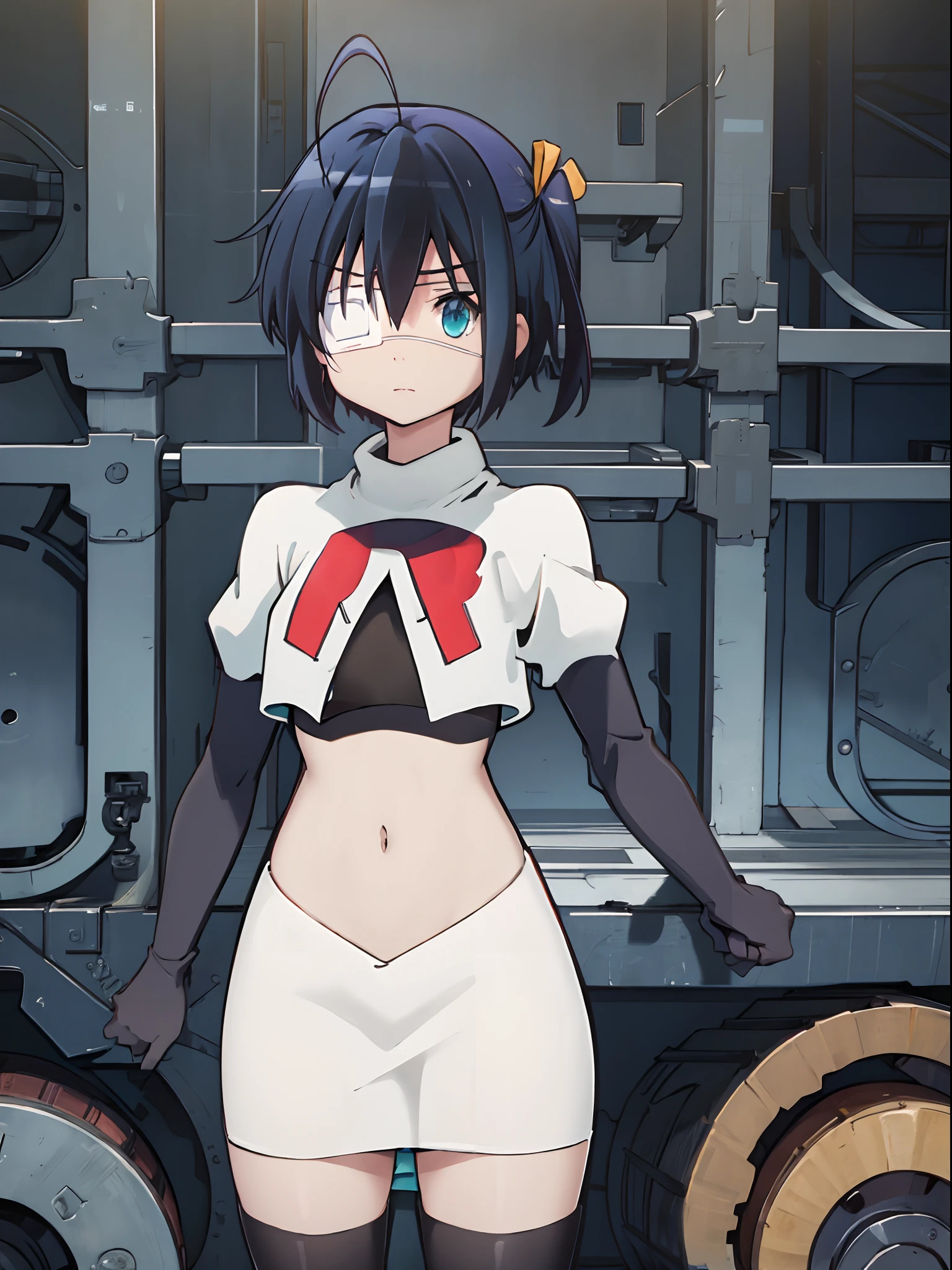 ph rikka, 1girl, :o, jacket, blazer, bow, aqua eyes,team rocket,team rocket uniform,white skirt,crop top,black thigh-high boots,black elbow gloves,