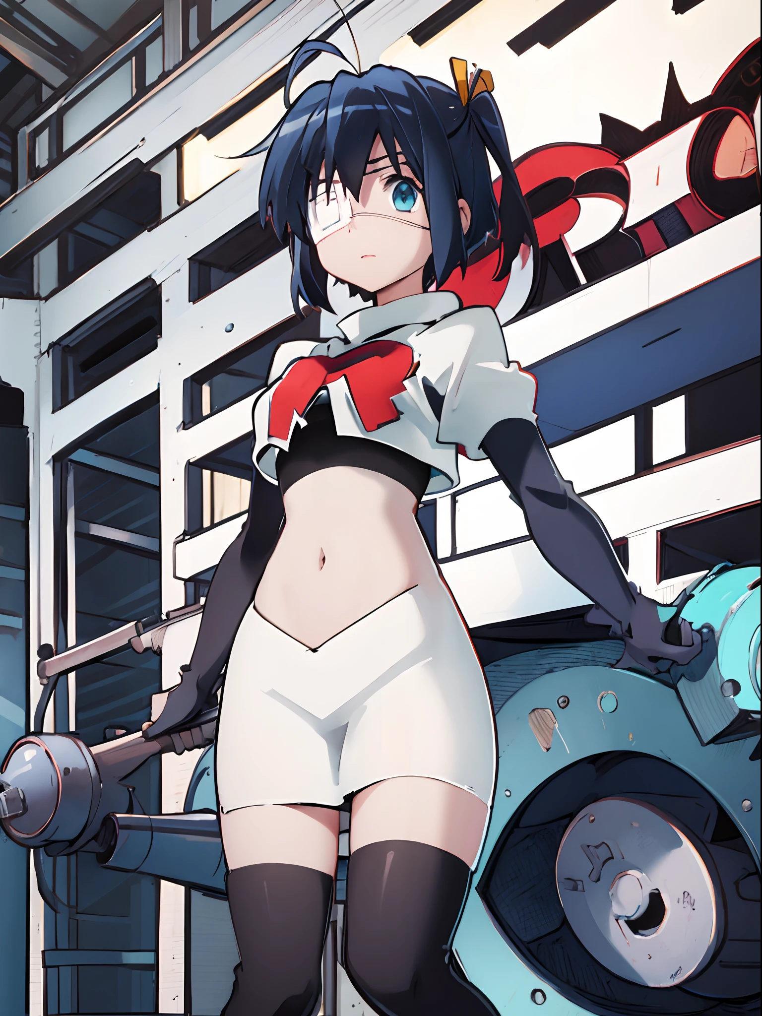 ph rikka, 1girl, :o, jacket, blazer, bow, aqua eyes,team rocket,team rocket uniform,white skirt,crop top,black thigh-high boots,black elbow gloves,