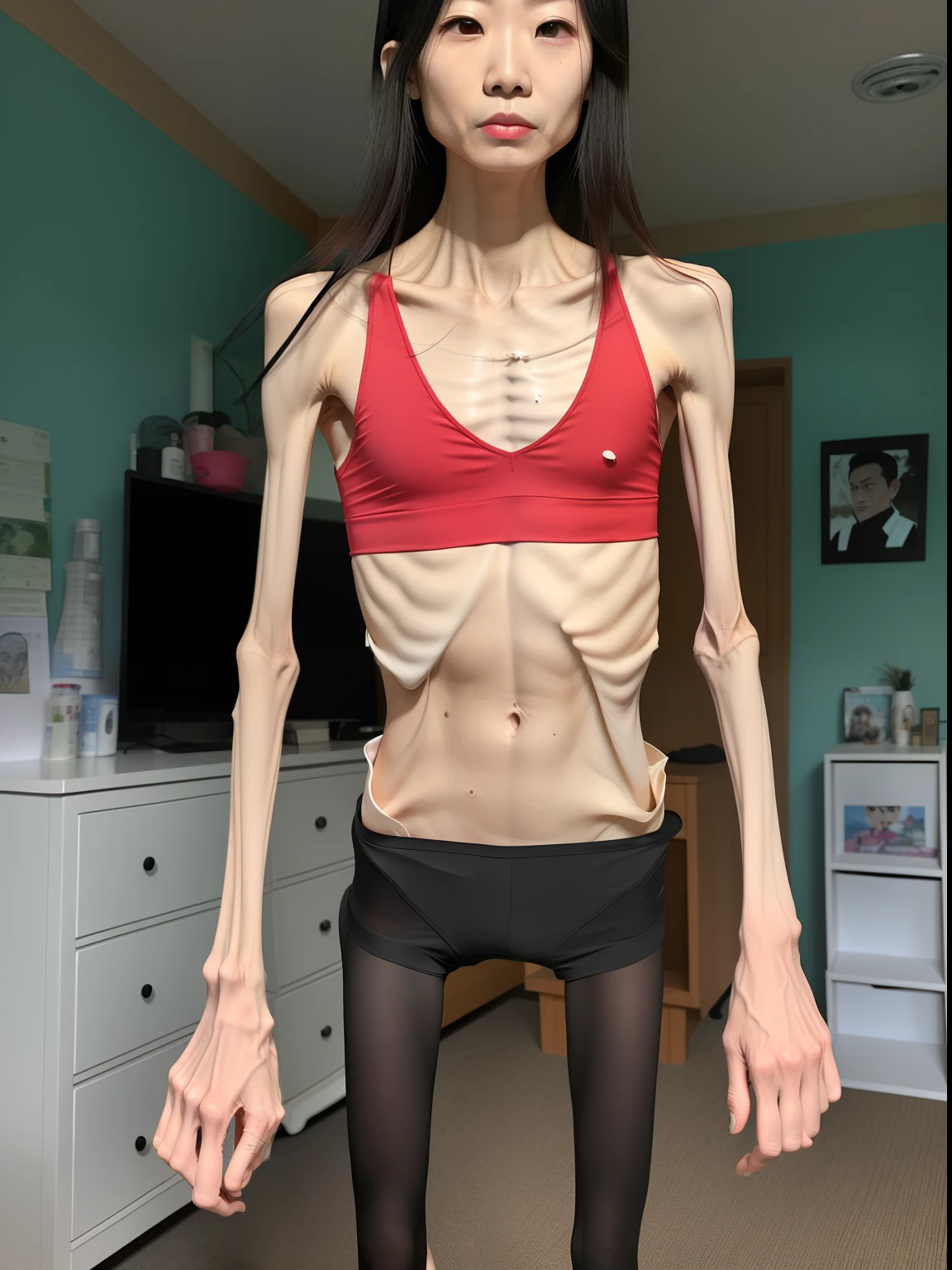 Extremely thin man, A thin body,Protruding sternum,The waist is slender,The ribs are noticeable,Protruding ribs,The pelvis is very pronouncedly protruding,The pelvis is markedly elevated,White skin of the,Thin shoulders,Very slim waist,Extremely skinny,Sunken abdomen,Vacuum belly,Skin and bones,short detailed hair,Haggard face,Wearing black stockings,Asian face,The body is as thin as a skeleton,angry look,Incompetent men